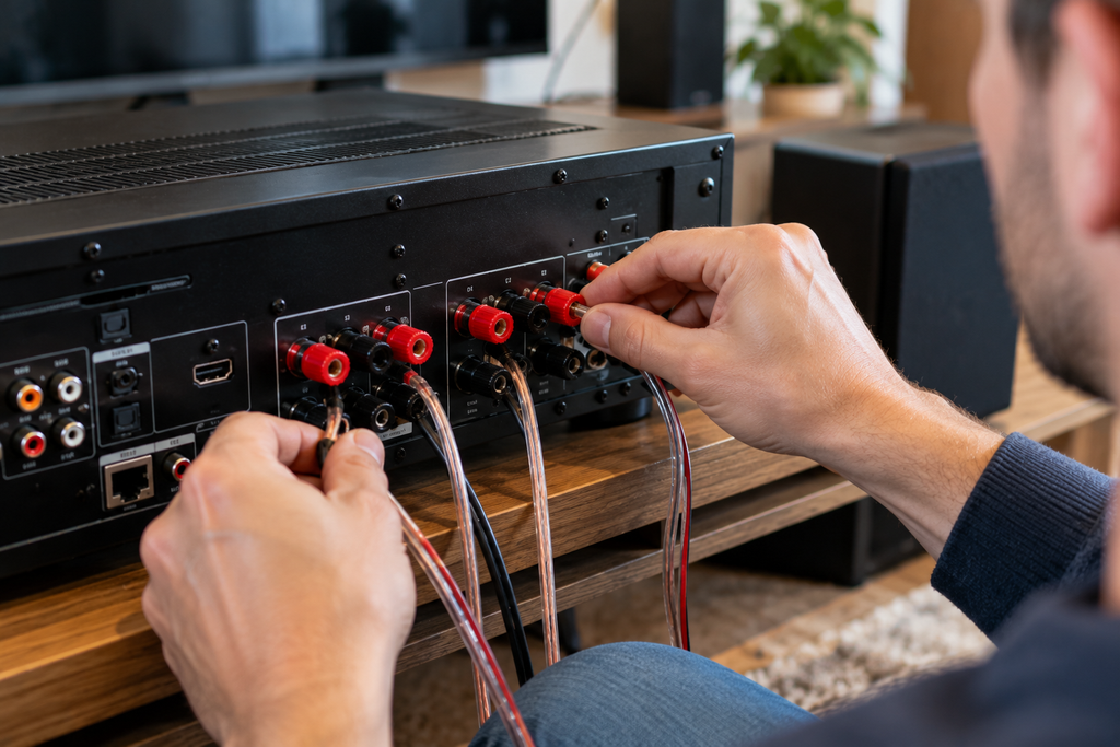 Speakerkabels aansluiten op de home cinema hoofdunit