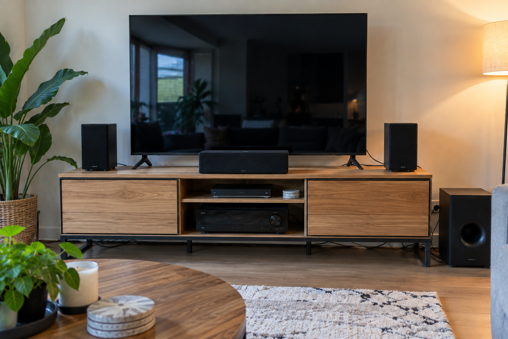 Televisie centraal met speakers links, rechts en centerspeaker eronder