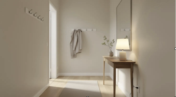 Kleine hal met een spiegel, houten sidetable met lamp en haakjes aan de muur