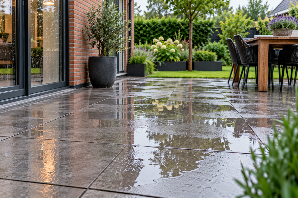 Water blijft staan op terras na regen